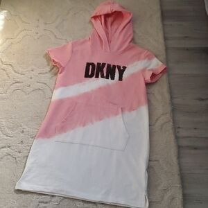 DKNY Girls Coral Pink White Tie Dye Hooded Dress sz 12 Sequin Logo Hood Hoodie